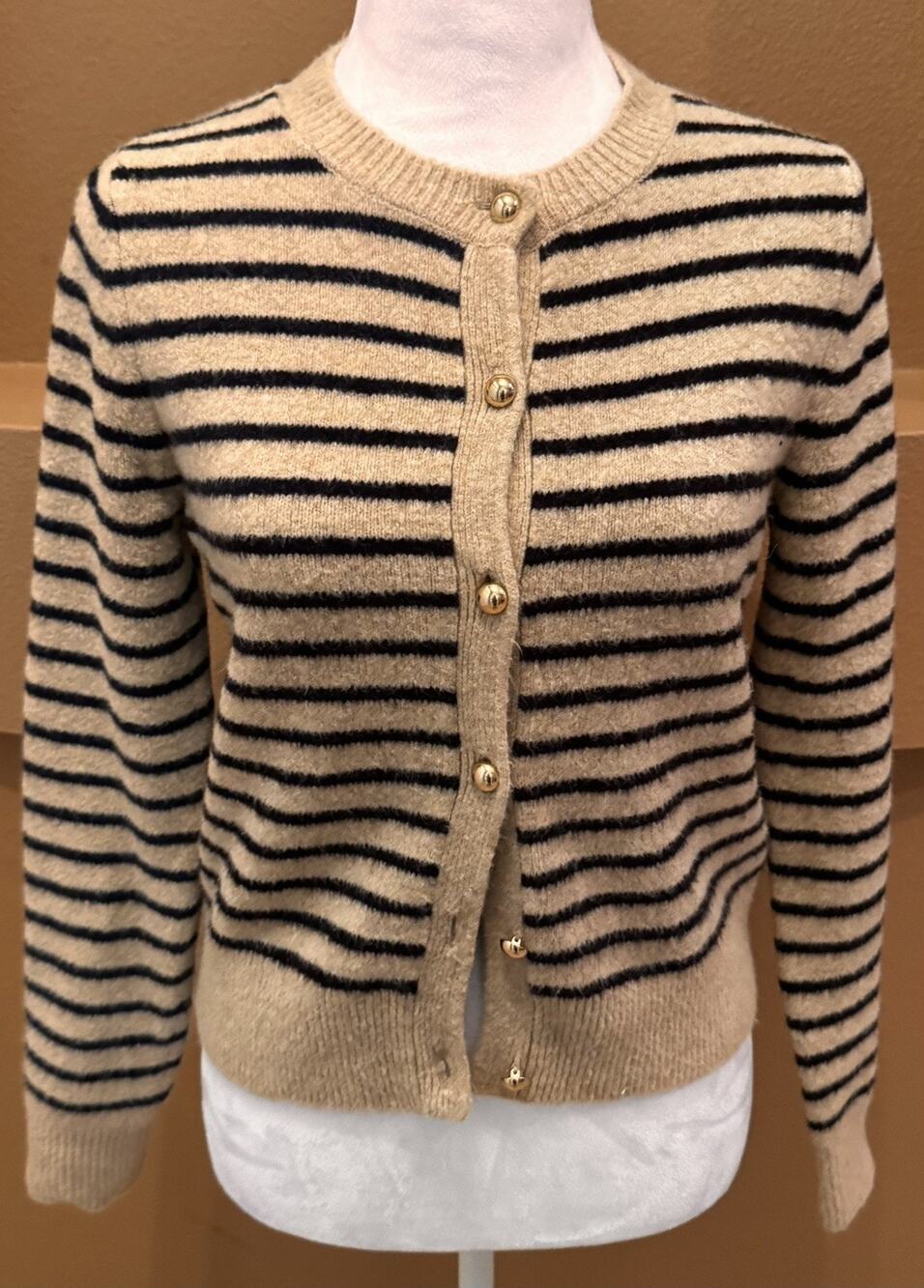 Zara Womens Cardigan Black Tan Striped Gold Button